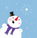 Happy Snowman looking at snow and christmas star