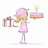 vector girl with cake and present