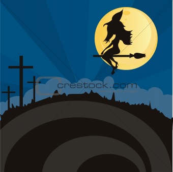 halloween landscape with witch