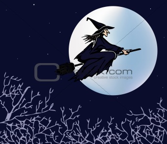 The witch flying on a broom against the moon