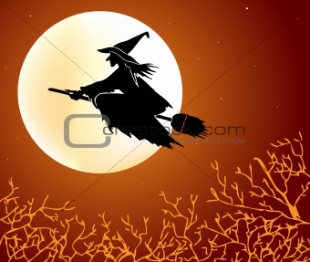 Witch flying on a broom against the moon