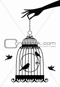 hand with birdcage, vector