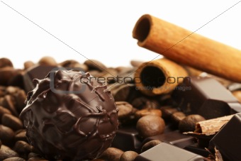 truffle in front of cinnamon sticks and coffee beans on a chocolate bar
