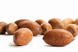 two pecan nuts in front of many
