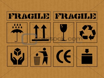 Cardboard box with safety fragile signs
