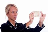Business Young Woman Look Euro Banknote