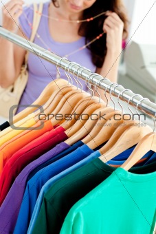 Close-up of clothes with a female customer