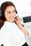 Bright woman wearing a headset
