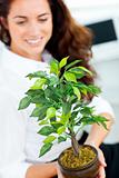 Glowing businesswoman holding a plant smiling at the camera