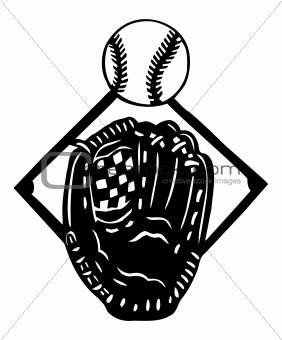 Silhouette baseball glove and a ball. Vector