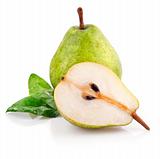 fresh pear fruits with cut and green leaf