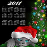 Calendar with cat with red New Year's cap. Vector