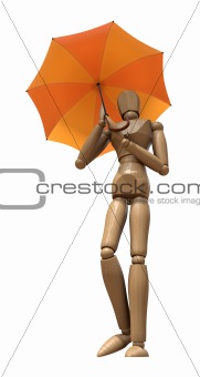 Posing wooden manikin with umbrella.