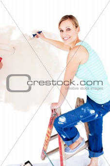 Animated woman painting a room