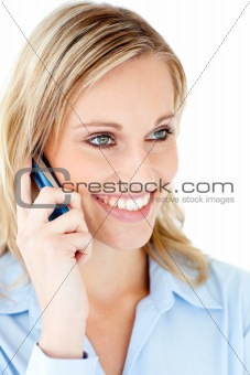 Delighted businesswoman talking on phone 