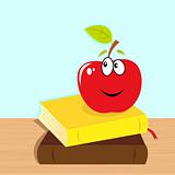 Back to school: books and red smiling apple character