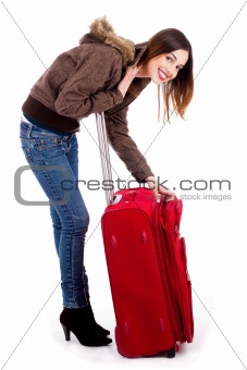 young lady unzipping her bag