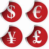 Red labels with international currency symbols