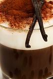 closeup on coffee with milk froth cocoa powder with vanilla beans