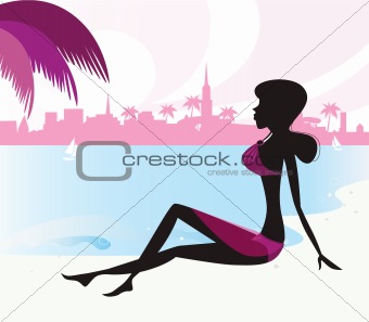 Black woman silhouette relaxing on tropical beach