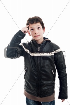 cute boy looking up, with hand as a sign of having an idea