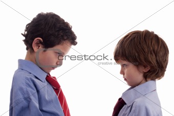 two little businessmen confronted, face to face