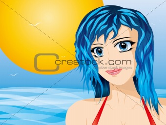 Girl with deep blue eyes and hair