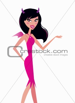 Sexy black hair woman in pink devil costume