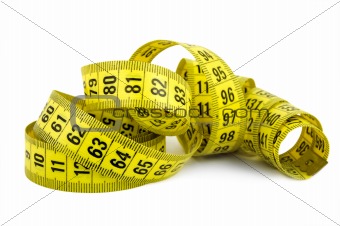 Curled yellow measuring tape on white background