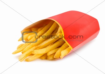 French fries in a red carton box isolated