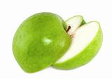 Two halves of a green apple