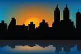 Romantic background with sunset and skyscrapes