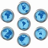 Set of blue buttons with Earth globes