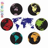 Set of Earth globes and world map in all colors