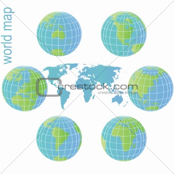 Set of Earth globes and world map with blue and green