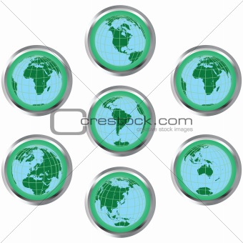 Set of green buttons with Earth globes