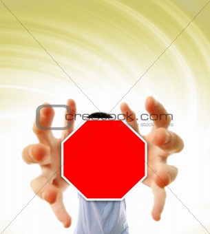 Man grabing a red sign.