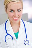Attractive Smiling Blond Woman Doctor With Stethoscope