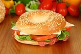 Fresh bagle sandwich with salami