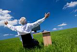 Businessman Celebrating Arms Raised At Desk In Green Field