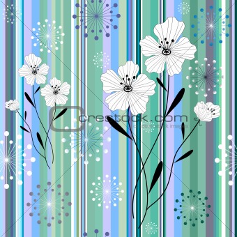 Seamless white-blue floral striped pattern