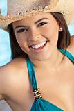 Beautiful Happy Latina Hispanic Woman in Bikin and Cowboy Hat