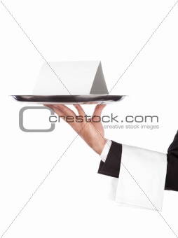 waiter with tray and empty card