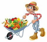 Peasant with wheelbarrow, vegetables and fruits.