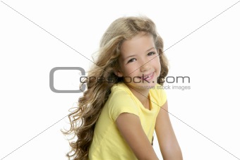 little blond girl smiling portrait yellow tshirt isolated on whi