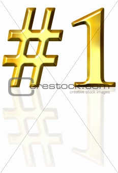 3d golden number one with reflection