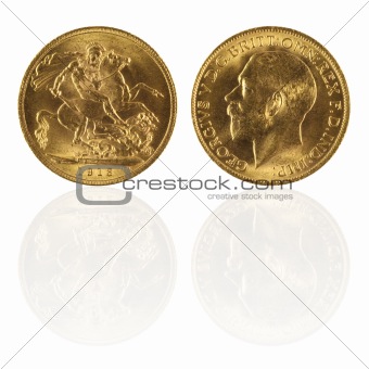 Gold sovereign with reflection