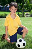 Young Boy Outside Playing With Football or Soccer Ball