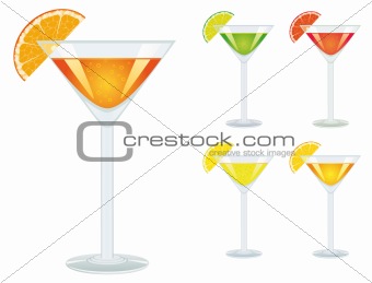 A set of drinks in glasses
