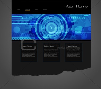 Website template with blue technology illustration.